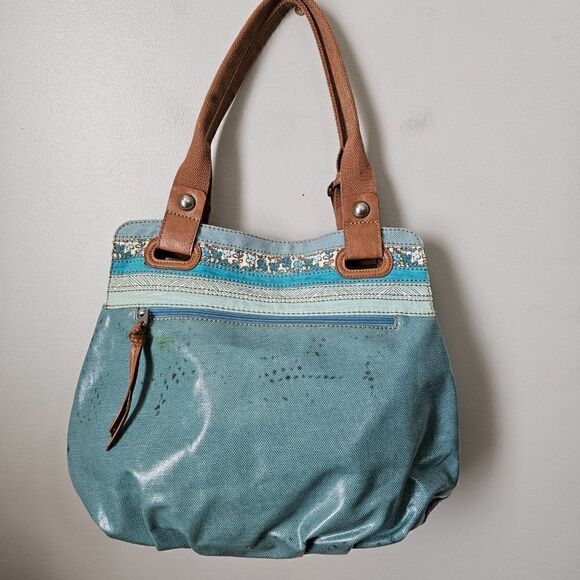 EUC FOSSIL KEY PER COATED CANVAS LIGHT BLUE TOTE / SHOULDER BAG LARGE - Picture 2 of 16